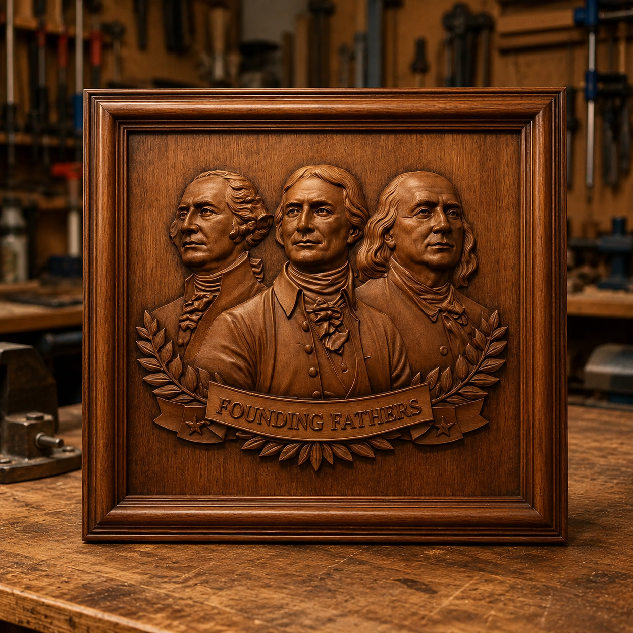 A wooden plaque showcases intricate bas relief carvings of three men, representing the Founding Fathers, set on a workshop table surrounded by woodworking tools. Offered as the Founding Fathers Portrait Relief STL File | American CNC Wall Art by Form Arcade, this design is perfect for those seeking a detailed CNC relief carving or a striking Founding Fathers portrait, highlighting exceptional craftsmanship throughout.