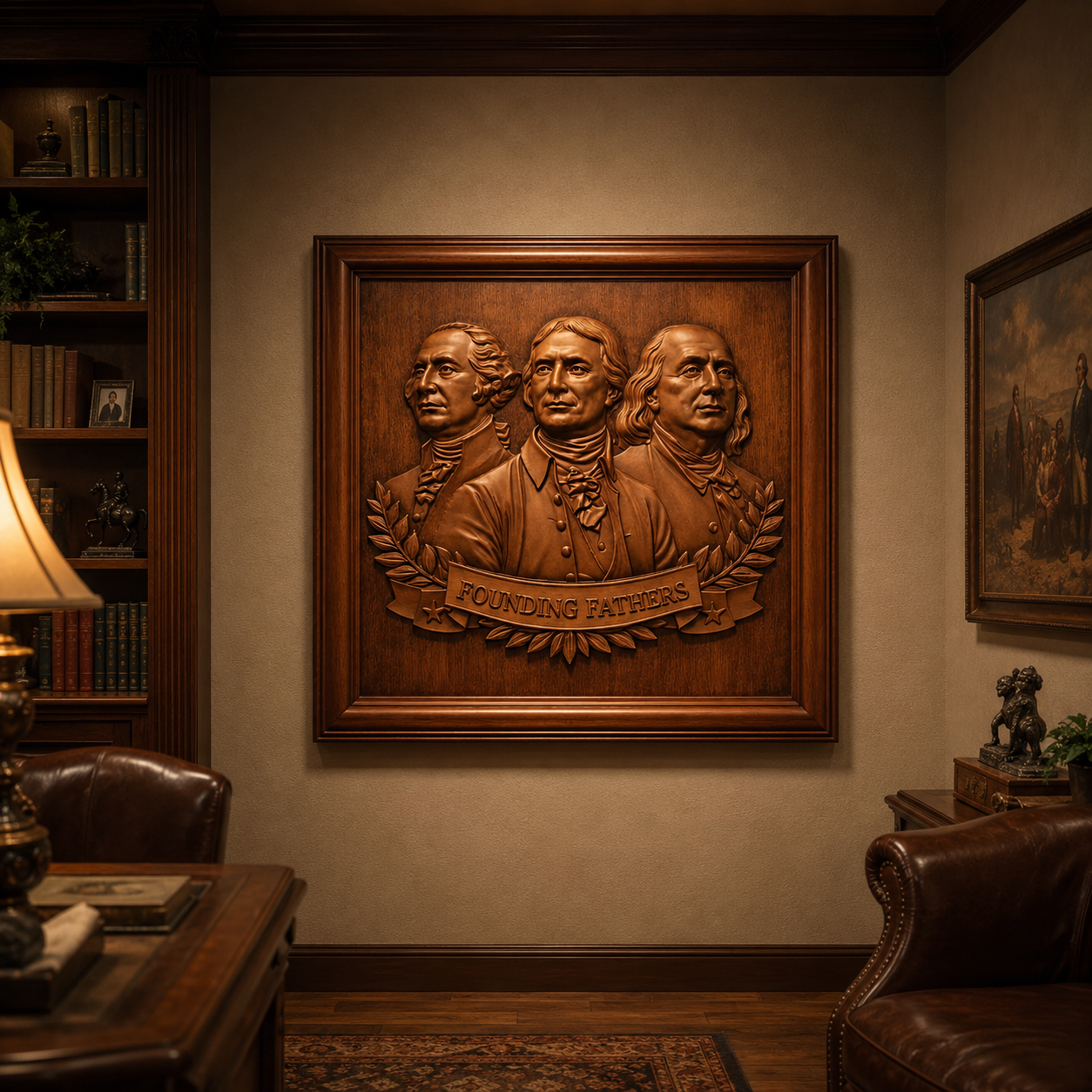 Discover the Founding Fathers Portrait Relief STL File by Form Arcade—a detailed American CNC wall art design, perfect for adding a scholarly, historic ambiance to traditional studies adorned with bookshelves, leather chairs, and warm lighting.