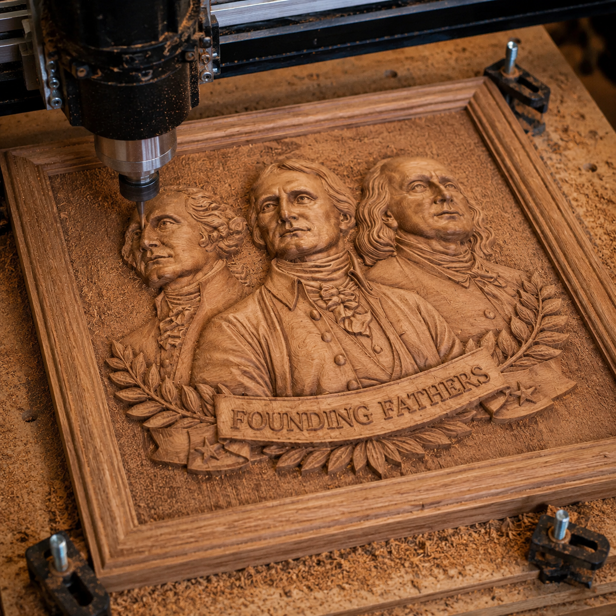 Introducing the Founding Fathers Portrait Relief STL File | American CNC Wall Art by Form Arcade—a detailed wooden plaque design featuring three men labeled "Founding Fathers" beneath a banner, surrounded by intricate clothing details, laurel leaves, and realistic textures in stunning bas relief. This premium STL file is perfect for anyone looking to add an iconic historical touch to their next CNC carving project.