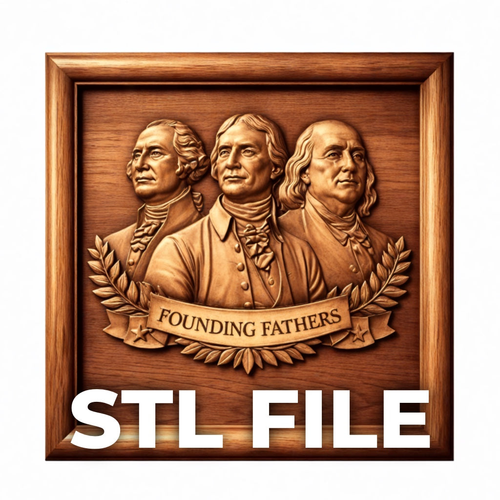 Founding Fathers Portrait Relief STL File by Form Arcade—American CNC wall art featuring three men in historical dress, laurel wreath, and Founding Fathers banner. Digital design for 3D printing or carving.