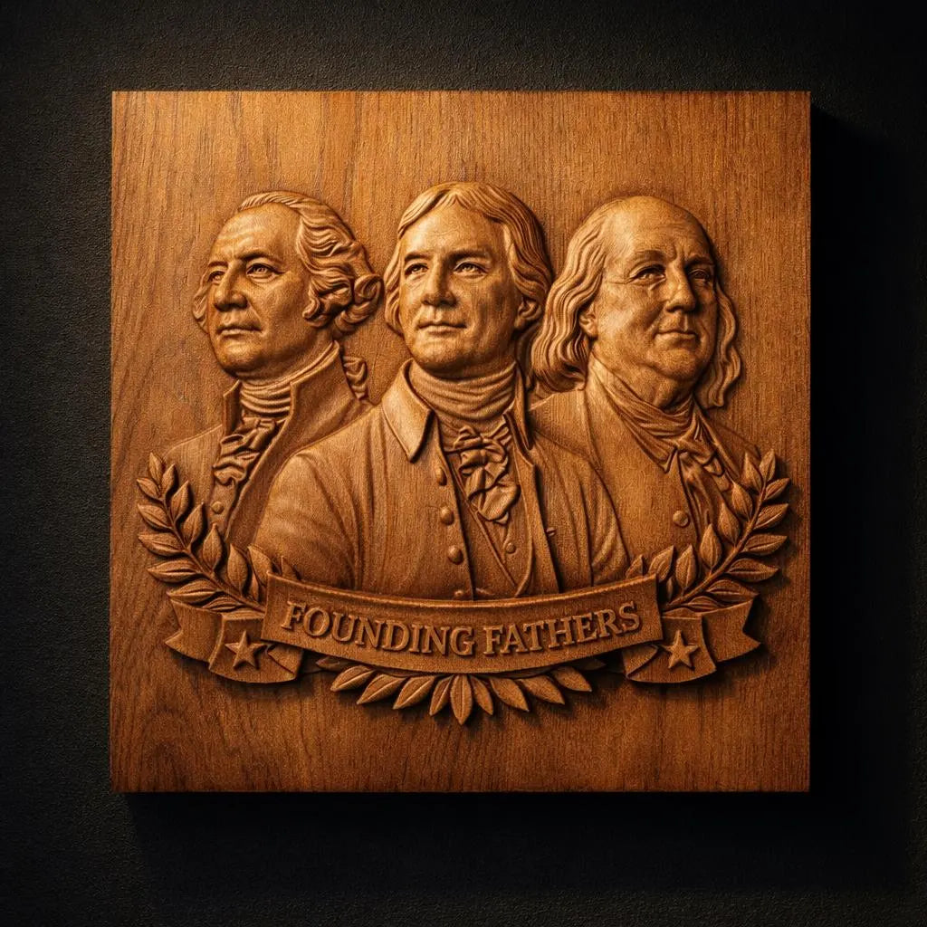 The Founding Fathers Portrait Relief STL File by Form Arcade features CNC-carved 18th-century figures, laurel branches, and stars—ideal American wall art for your 3D printing relief projects.