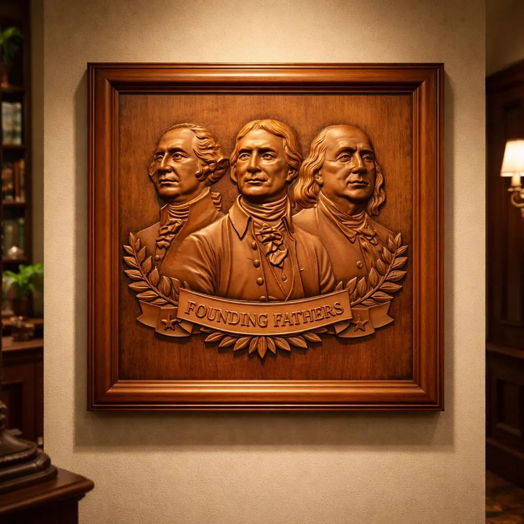 The Founding Fathers Portrait Relief STL File by Form Arcade is a detailed American CNC wall art design, featuring three colonial men in relief with a "Founding Fathers" banner—ideal for creating refined, classic décor.