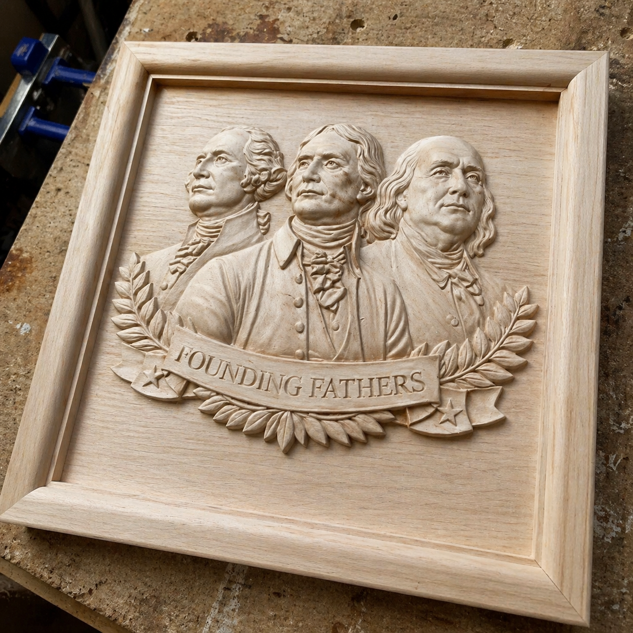 The Founding Fathers Portrait Relief STL File by Form Arcade features three men in historical attire above a laurel wreath and banner, framed in wood—ideal CNC wall art for crafting unique American décor.