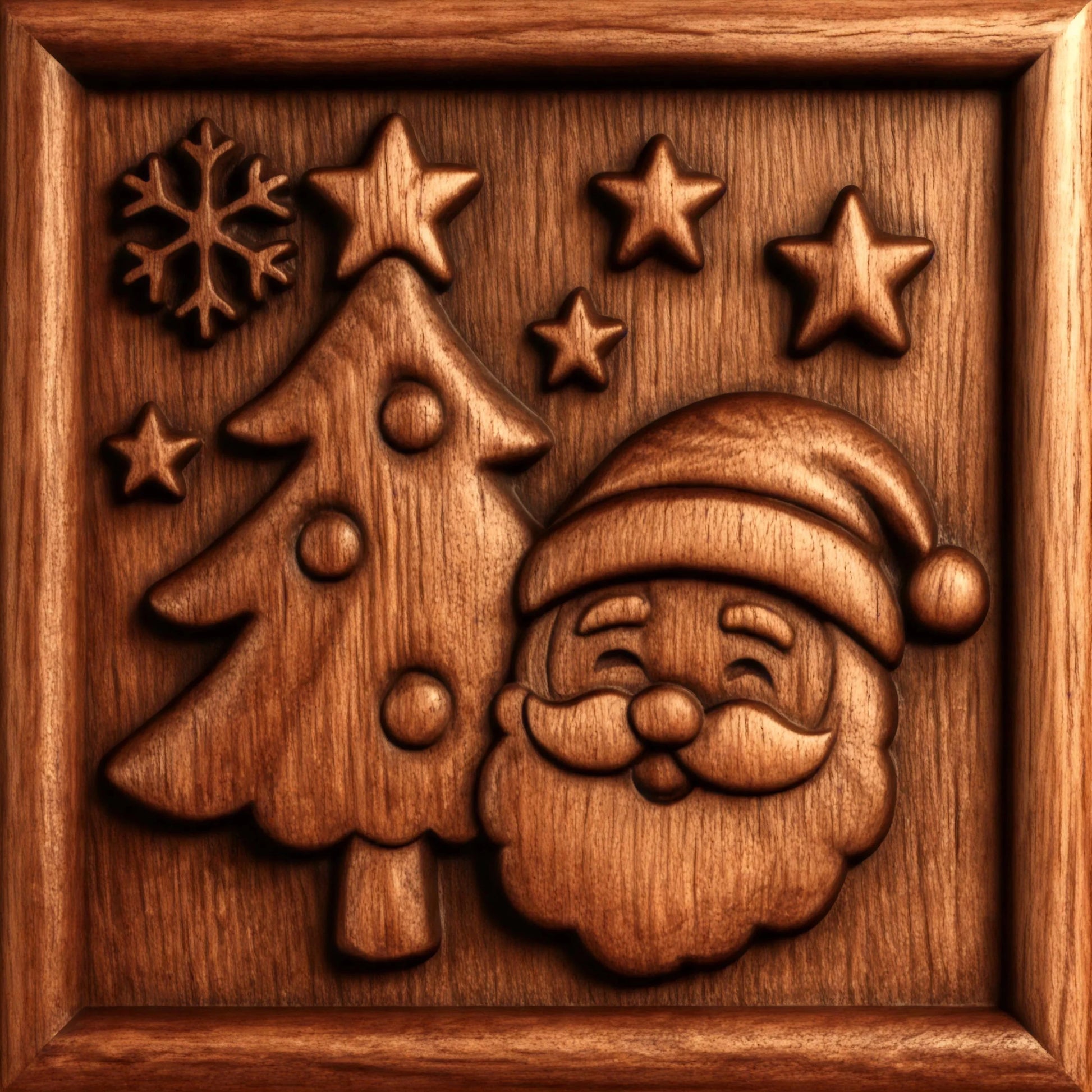 Framed wooden relief panel featuring Santa and a Christmas tree with stars, shown as finished wall art with realistic wood grain and detailed carving depth for CNC projects.
