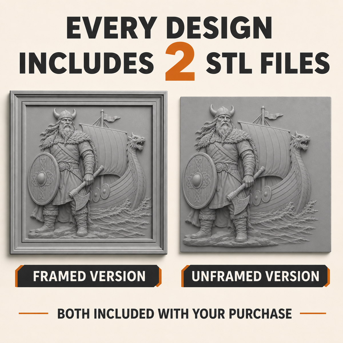 Each CNC relief STL design includes framed and frameless versions