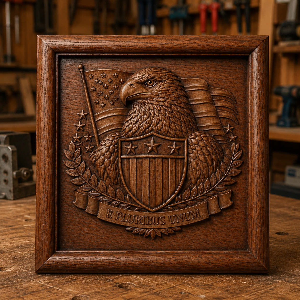 The Freedom Eagle Relief STL File by Form Arcade is a patriotic CNC wall art design featuring a carved eagle with a shield, American flag, and the motto "E Pluribus Unum," ideal for workshop decor. It showcases intricate relief carving details.