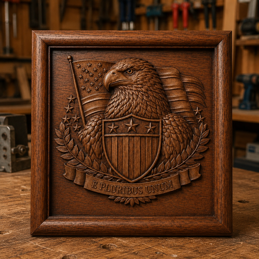 The Freedom Eagle Relief STL File by Form Arcade is a patriotic CNC wall art design featuring a carved eagle with a shield, American flag, and the motto "E Pluribus Unum," ideal for workshop decor. It showcases intricate relief carving details.