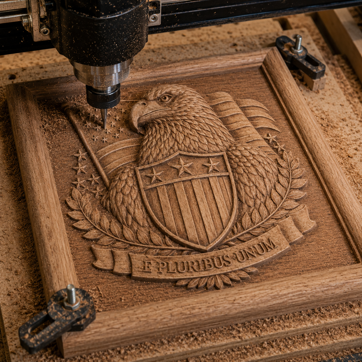 A CNC relief carving machine creates a detailed wooden plaque using the Freedom Eagle Relief STL File by Form Arcade, featuring a bald eagle with a shield, American flag, and the motto “E Pluribus Unum.” Wood shavings surround this patriotic decorative wall art.