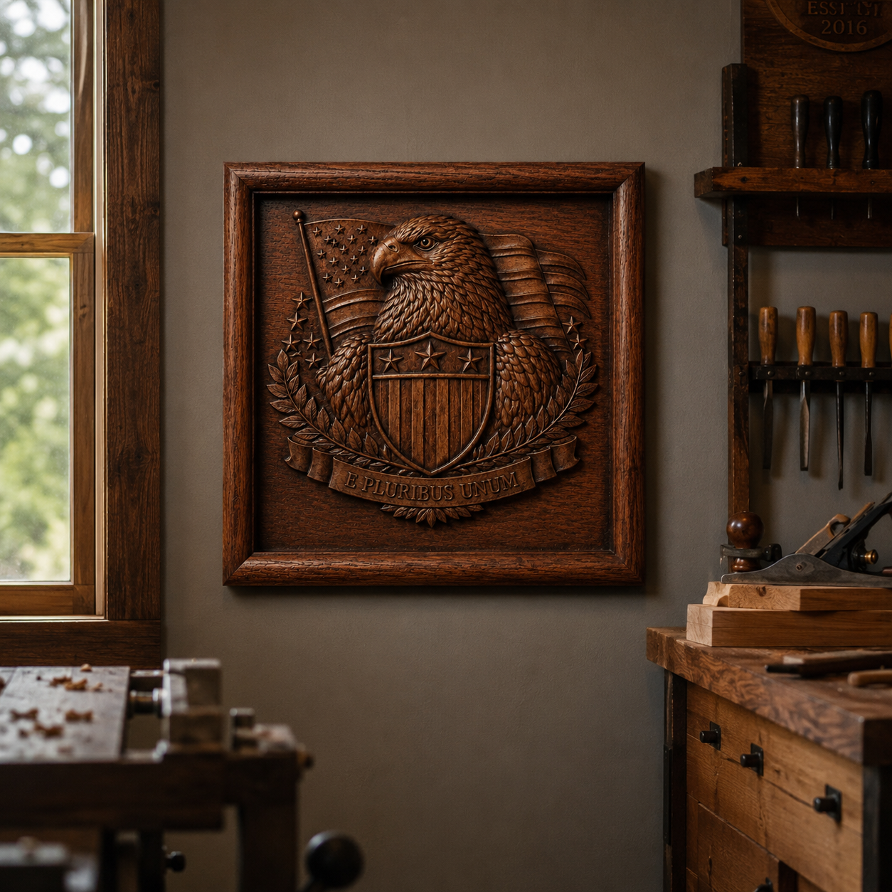 Experience the Freedom Eagle Relief STL File by Form Arcade—a patriotic CNC wall art design featuring a carved eagle, shield, stars, and U.S. flag with "E Pluribus Unum" inscribed. Displayed as decorative wall art in a workshop with tools and a nearby window.