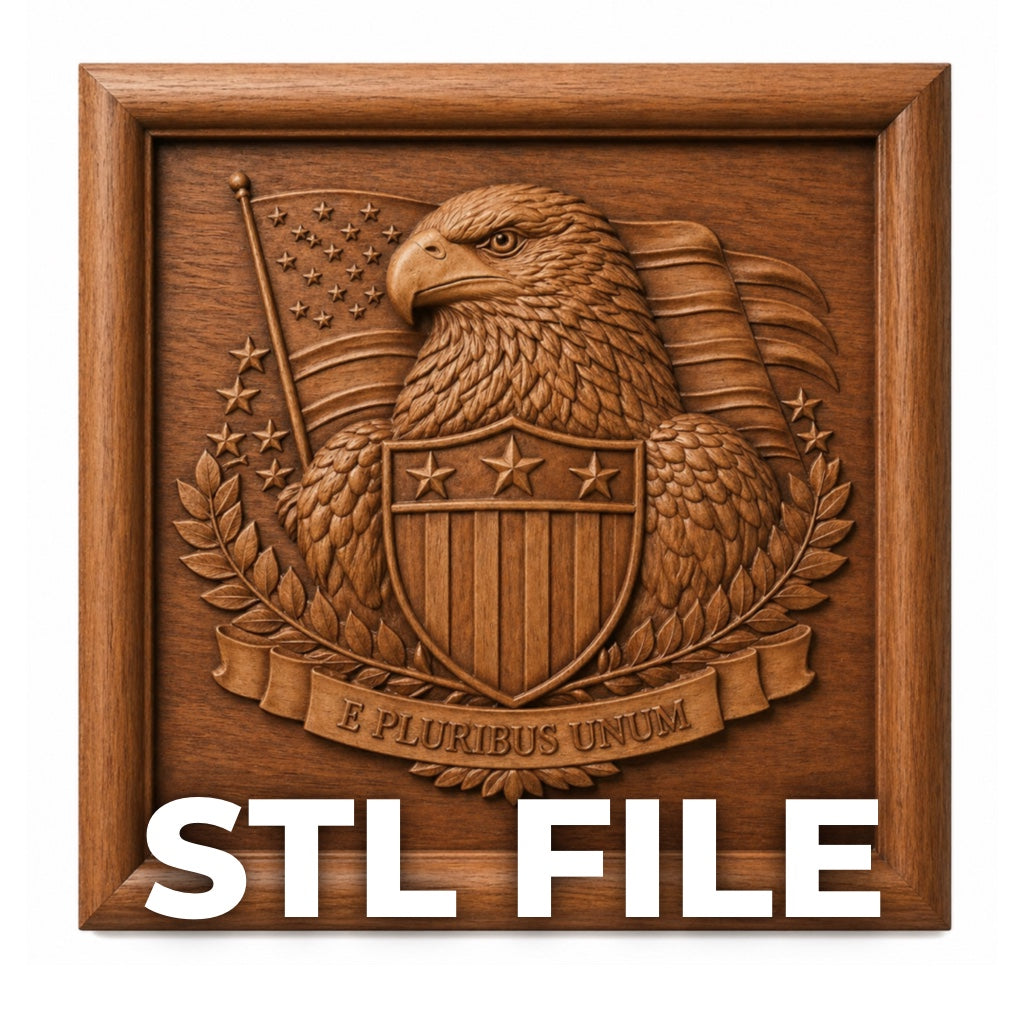 The Freedom Eagle Relief STL File by Form Arcade is a patriotic CNC wall art featuring a bald eagle, shield, flag, laurel branches, and "E Pluribus Unum." Ideal for 3D printing or carving. Includes "STL FILE" at the bottom.