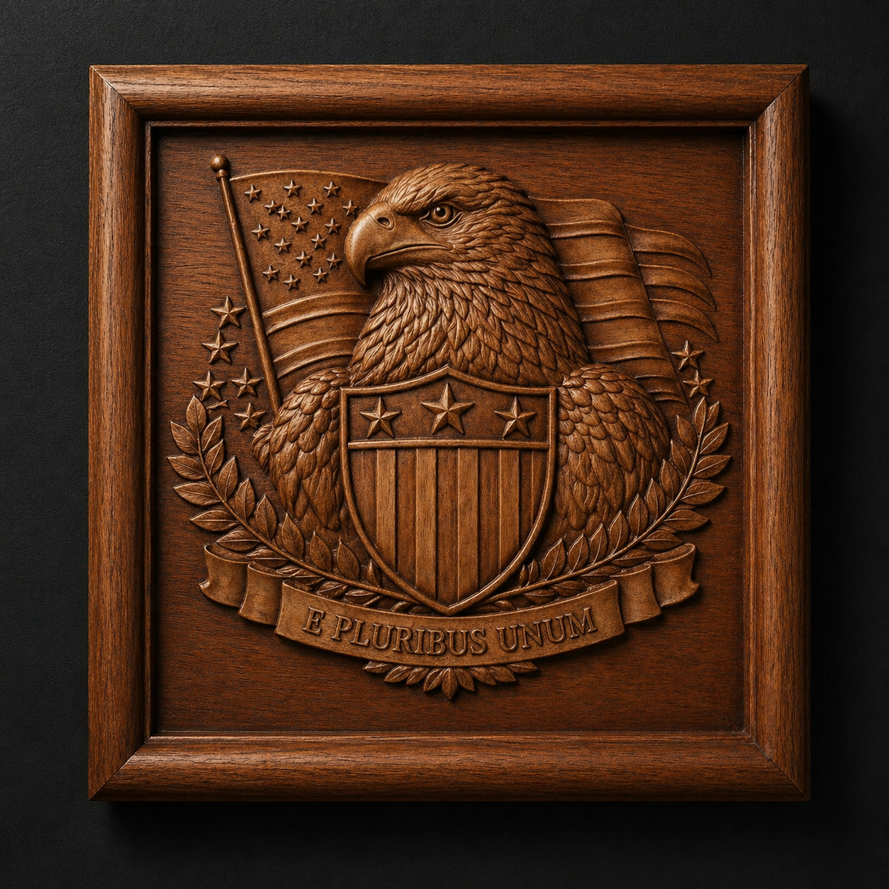 The Freedom Eagle Relief STL File by Form Arcade is patriotic CNC wall art featuring a bald eagle with shield, flag, laurel wreath, and "E Pluribus Unum" banner, all set within a frame against a dark background.