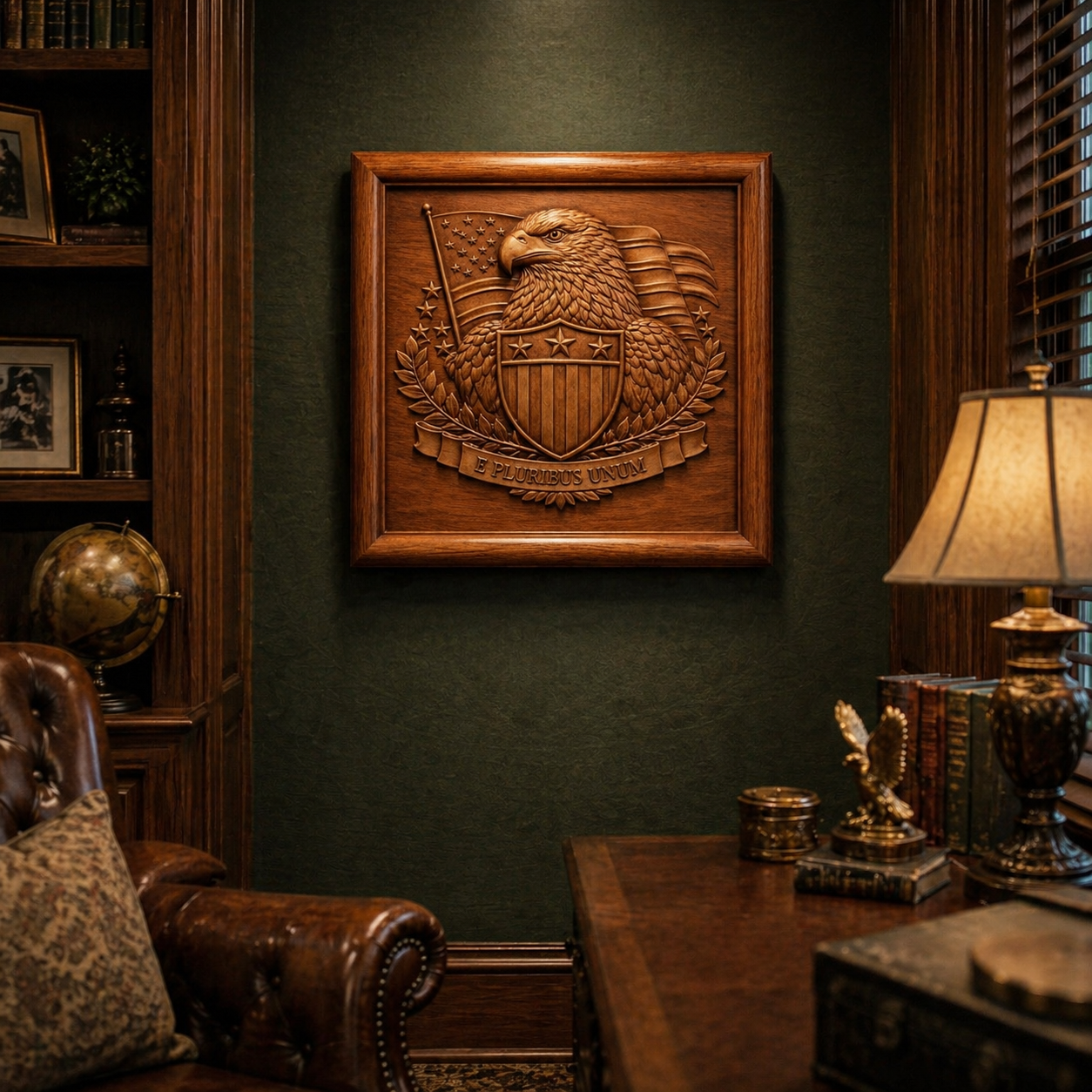 A wood-paneled office with a leather chair, books, and a lamp displays the Form Arcade Freedom Eagle Relief STL File | Patriotic CNC Wall Art—a large carved eagle plaque with shield and “E Pluribus Unum,” ideal for CNC carving or 3D printing.