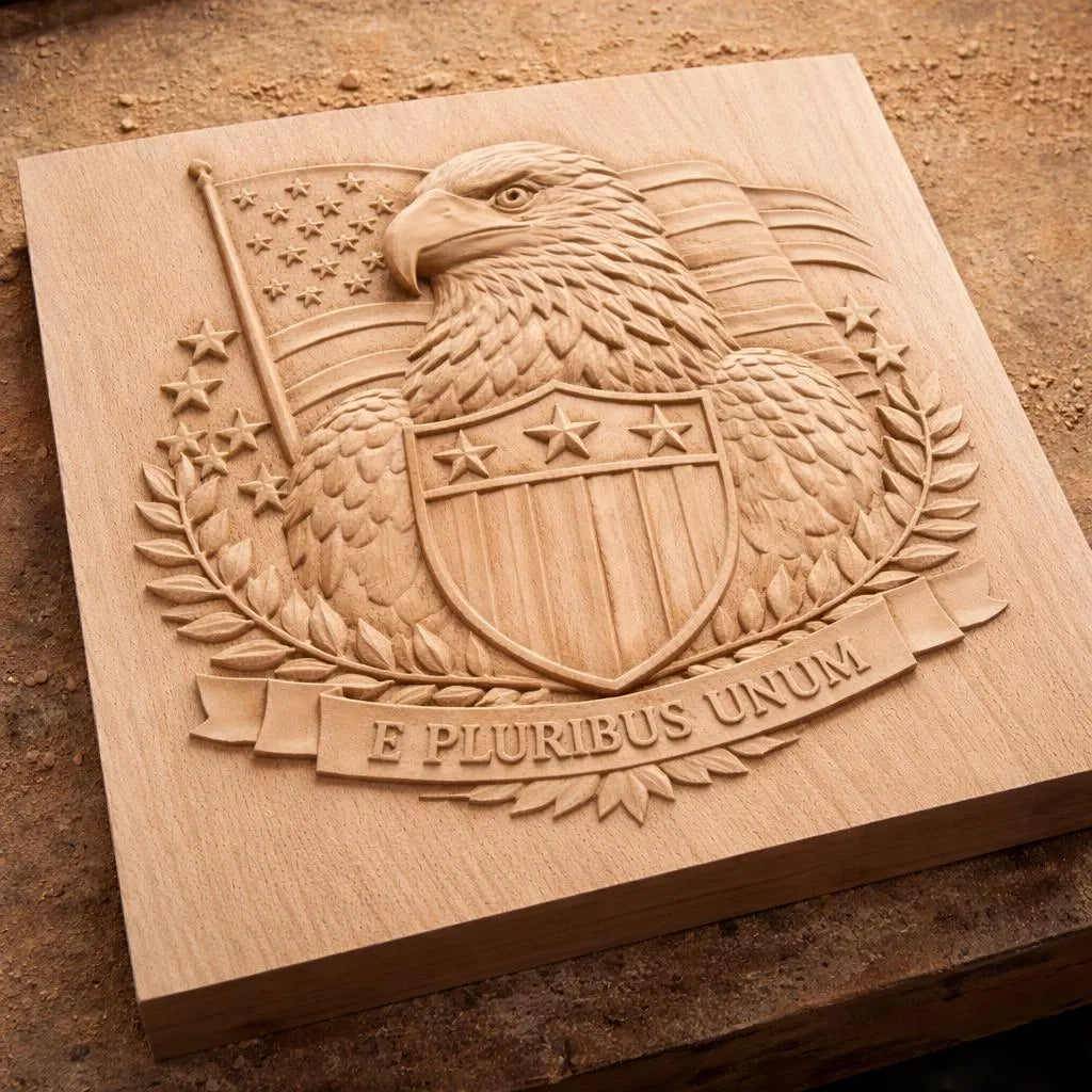 The Freedom Eagle Relief STL File by Form Arcade is a patriotic CNC wall art featuring an eagle with a shield, American flag, laurel branches, and the motto E Pluribus Unum—perfect for carving or crafting.