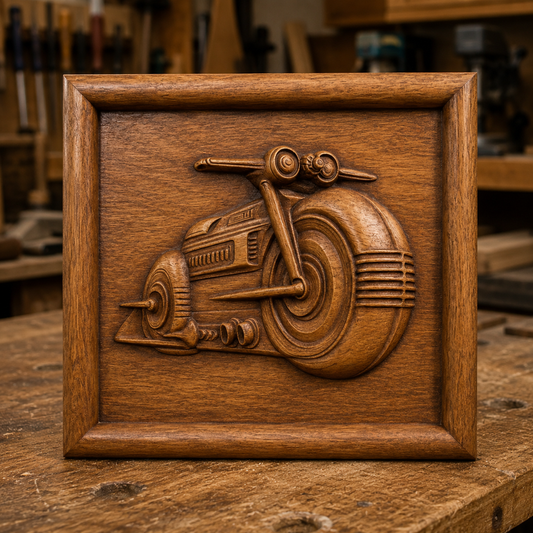 Experience stunning craftsmanship with the "Futuristic Motorcycle Relief STL File | CNC Wall Art" from Form Arcade. This wooden plaque showcases an intricately carved bas relief of a futuristic motorcycle, displayed on a wooden workbench surrounded by woodworking tools and shelves in the softly blurred background. The detailed design is made possible using the high-quality bas relief STL file provided by Form Arcade, making it a perfect decorative wall art piece for any space.