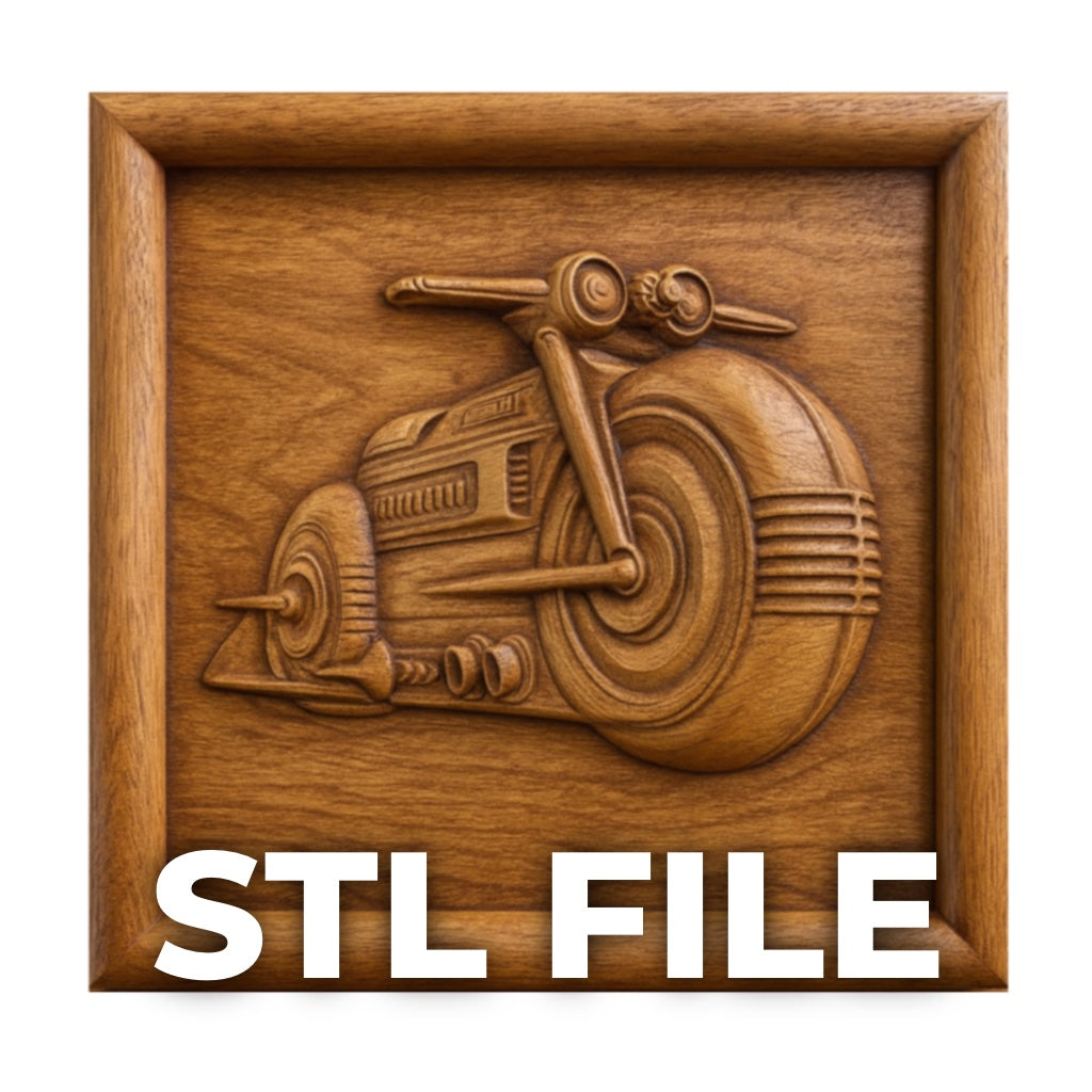 The Futuristic Motorcycle Relief STL File by Form Arcade is a CNC wall art design featuring a wooden motorcycle carving in a square frame—ideal for unique woodworking decor.