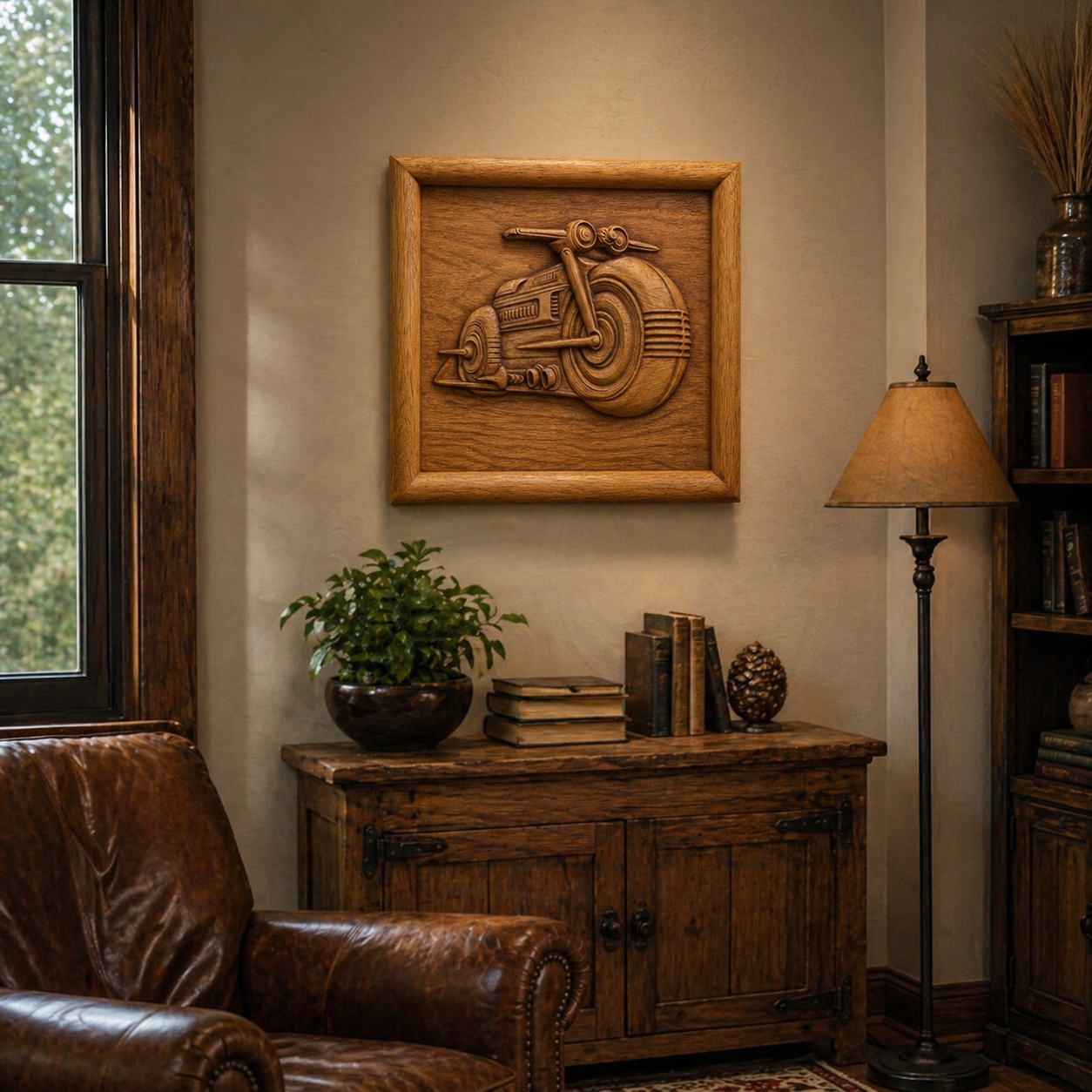 A cozy living room features a leather armchair, wooden furniture, books, a floor lamp, and greenery outside. On the wall hangs Form Arcade’s Futuristic Motorcycle Relief STL File | CNC Wall Art, adding unique woodworking style to the space.