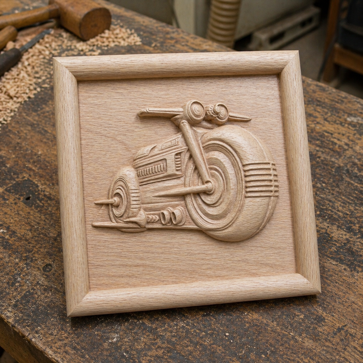 The Futuristic Motorcycle Relief STL File by Form Arcade is a unique CNC wall art design, featuring a detailed motorcycle carving perfect for creating standout wooden plaques.