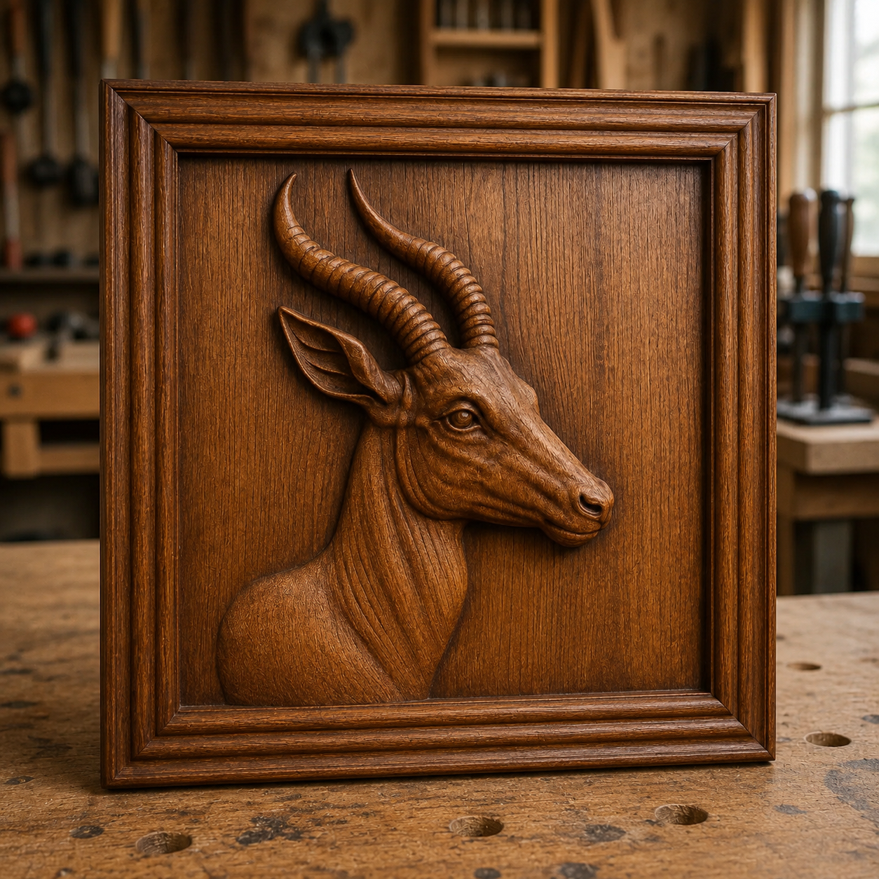 The Gazelle Antelope CNC Relief STL File by Form Arcade features a beautifully detailed wooden carving of a gazelle antelope’s head with curved horns—perfect as striking wildlife wall art or an impressive addition to your CNC woodworking projects.
