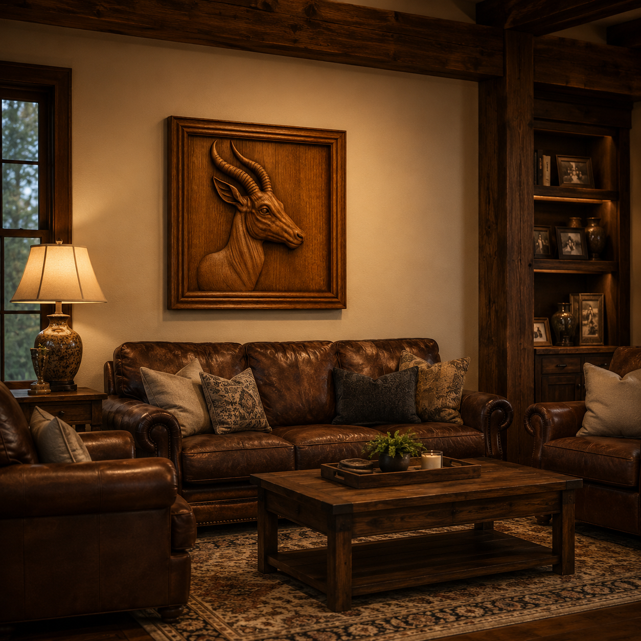 A cozy living room featuring brown leather couches, a wooden coffee table, and a lamp, with the “Gazelle Antelope CNC Relief STL File | Wildlife CNC Wall Art” by Form Arcade framed above the sofa. The space is adorned with warm, rustic decor including bookshelves, a patterned rug, and subtle touches of woodworking projects throughout.