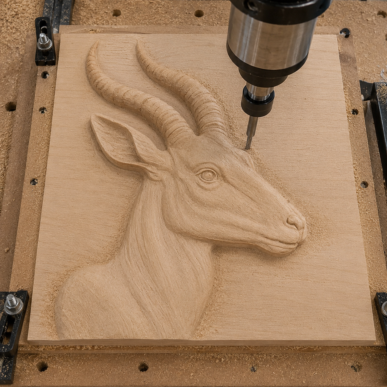 A CNC machine carves a detailed Gazelle Antelope CNC Relief into a square wooden panel, with wood shavings visible around. This wildlife wall art can be created using the “Gazelle Antelope CNC Relief STL File” by Form Arcade for woodworking projects.