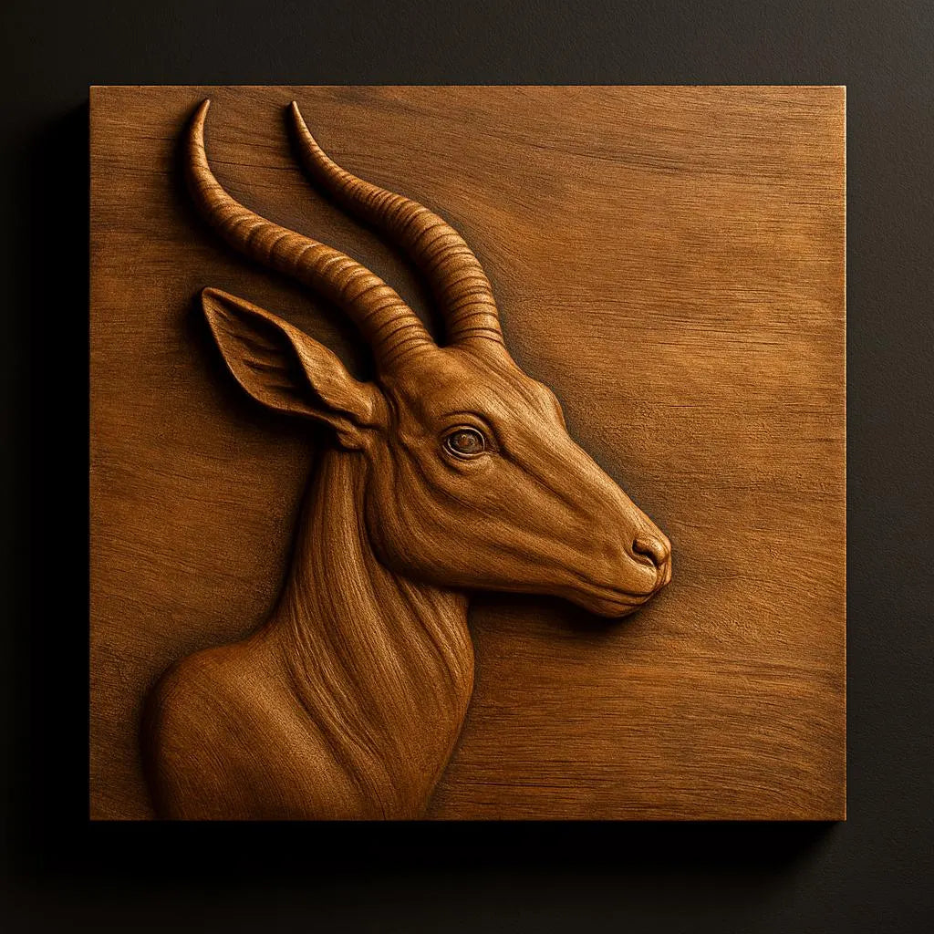 The Gazelle Antelope CNC Relief STL File by Form Arcade is a highly detailed wildlife wall art piece featuring a wooden relief sculpture of a gazelle antelope’s head with long, curved horns. Crafted for advanced woodworking projects, this design showcases precise CNC relief carving and is intended to be mounted on a square wooden background, creating an impressive focal point against a dark wall.