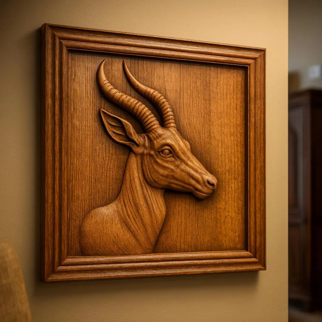 A “Gazelle Antelope CNC Relief” by Form Arcade is displayed as wildlife wall art, featuring a detailed CNC-carved gazelle antelope head in profile, mounted in a square wooden frame against a beige wall.