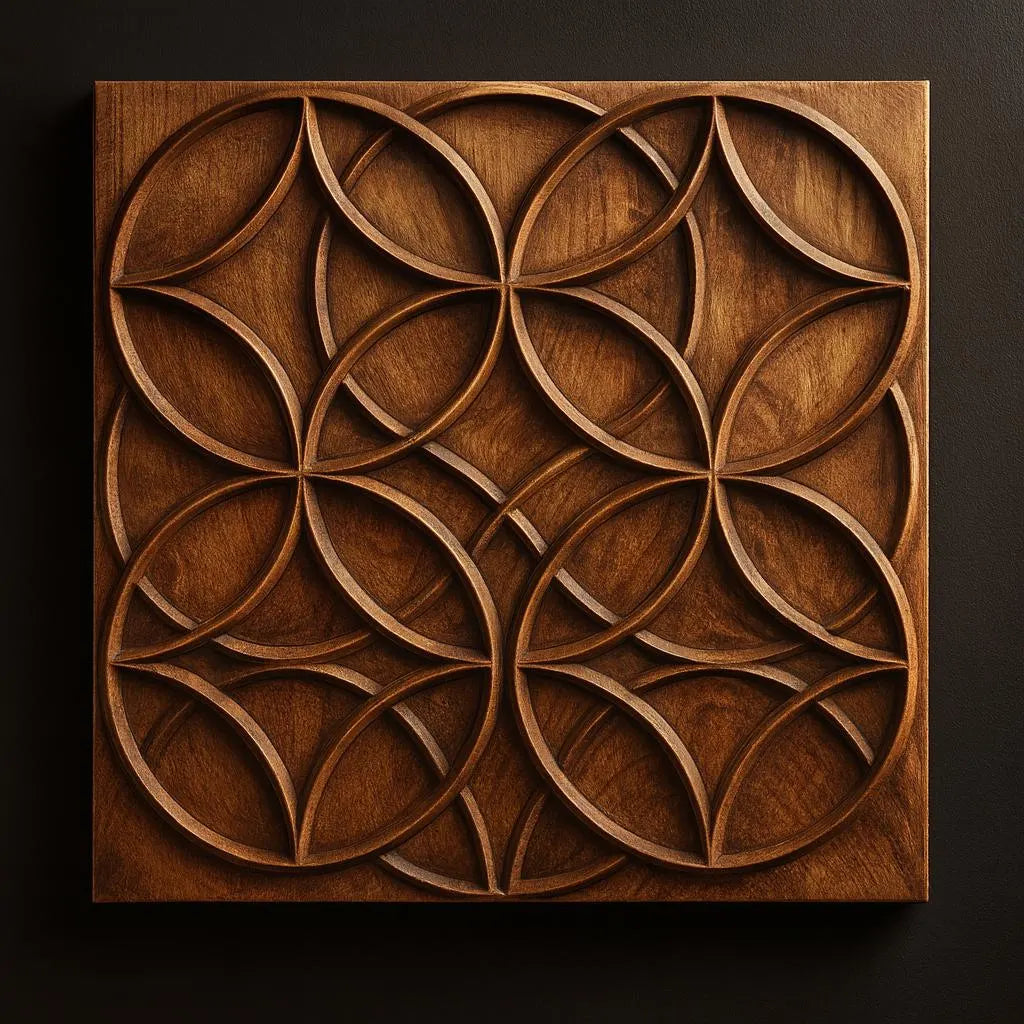 Geometric flower pattern relief STL design with interlocking circular shapes, detailed CNC wood carving style with smooth layered depth, symmetrical sacred geometry wall art for CNC carving and 3D print file use
