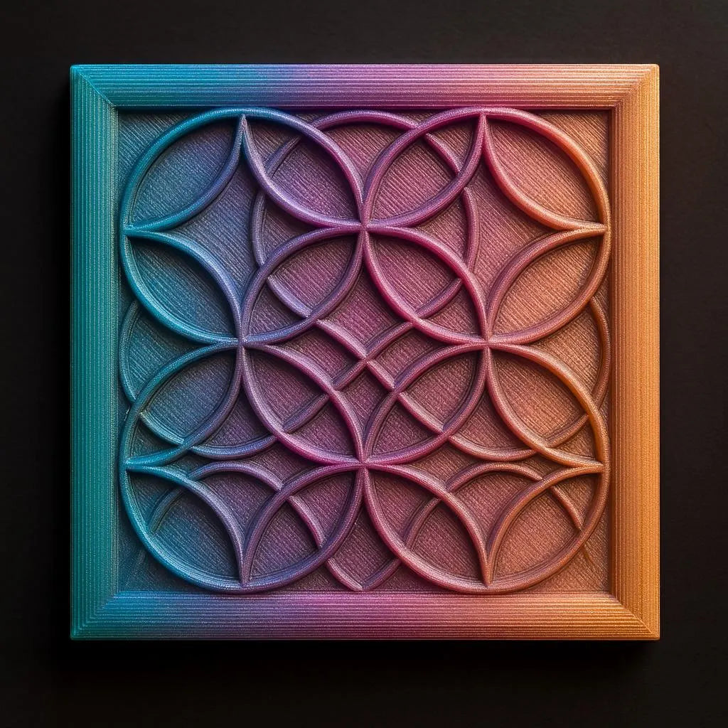 Geometric flower relief STL file shown as 3D print panel with color changing filament, circular pattern design with layered depth, suitable for resin or FDM printing and CNC carving projects