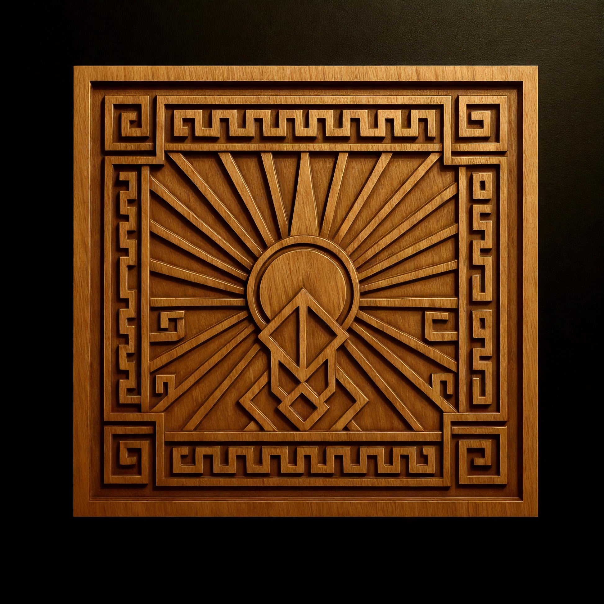 Ornamental geometric relief carved into a square wooden panel featuring symmetrical patterns and central emblem design, crisp edges and layered depth throughout the carving with visible wood grain, ideal for decorative CNC wall panels and heraldic themed artwork