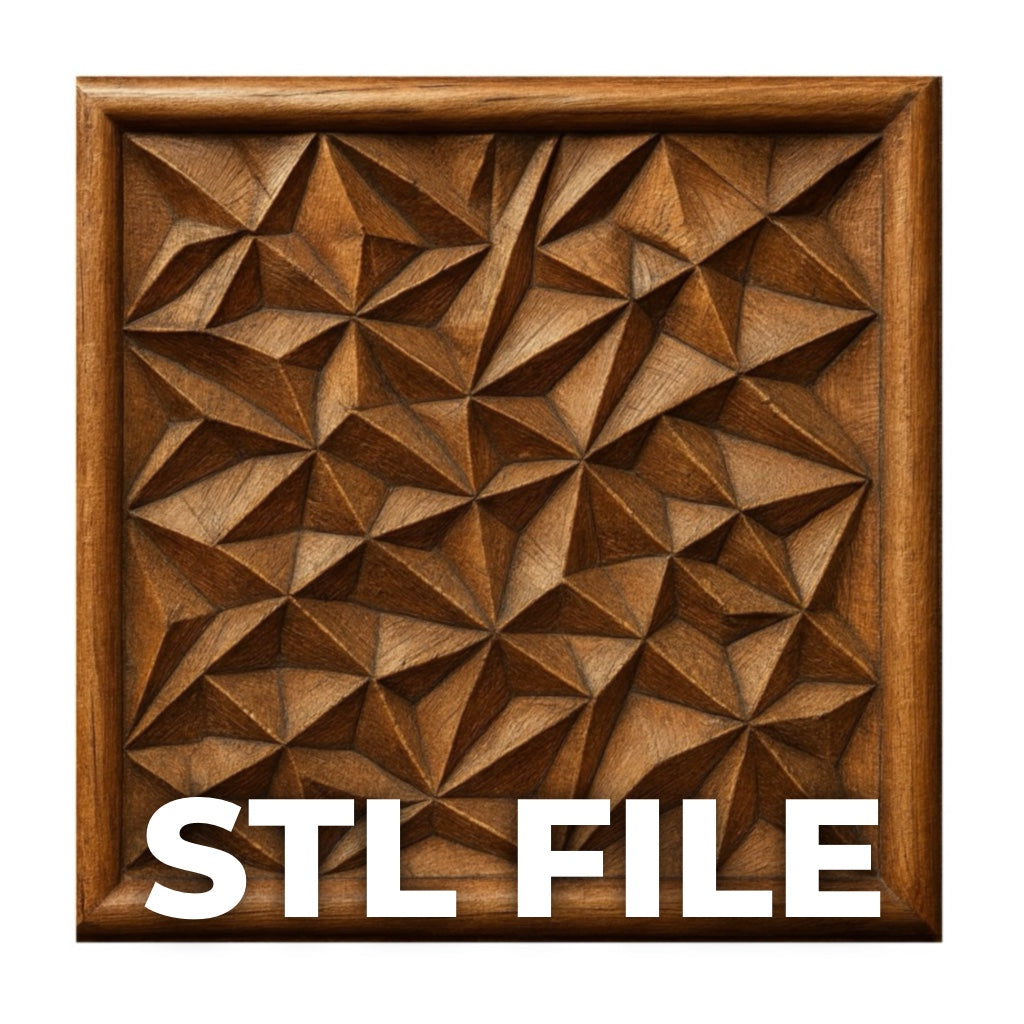 The Geometric Pyramid Pattern Relief STL File by Form Arcade showcases a square panel with an intricate faceted design, perfect for geometric CNC wall art or digital carving projects. Bold "STL FILE" lettering appears at the bottom.
