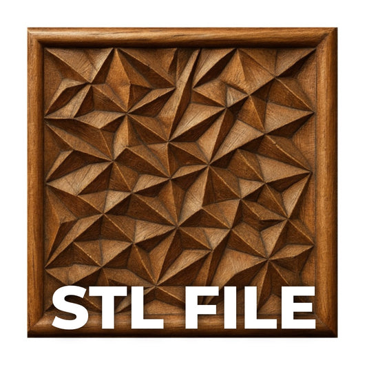 The Geometric Pyramid Pattern Relief STL File by Form Arcade showcases a square panel with an intricate faceted design, perfect for geometric CNC wall art or digital carving projects. Bold "STL FILE" lettering appears at the bottom.