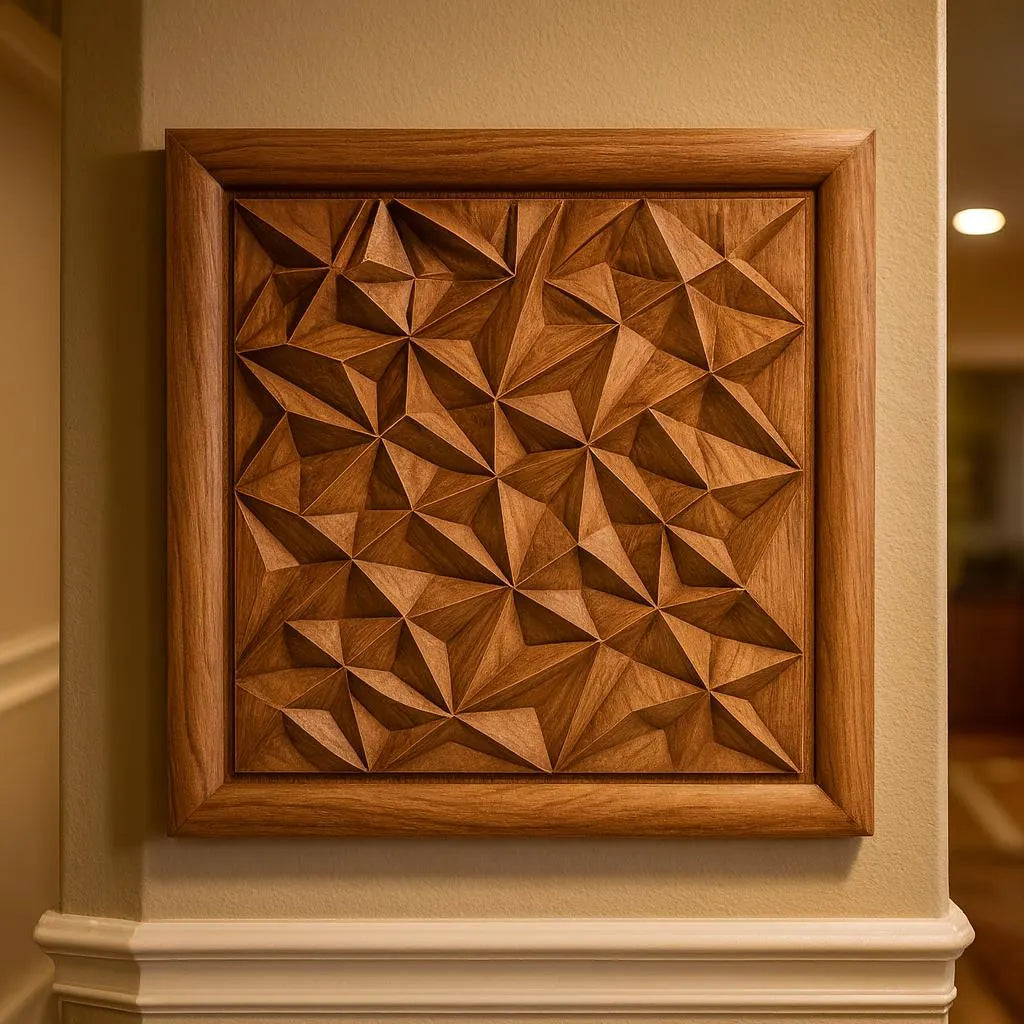 The Geometric Pyramid Pattern Relief STL File by Form Arcade is a square geometric CNC wall art design with interlocking triangles and diamond shapes, perfect for mounting above wainscoting on a beige wall.
