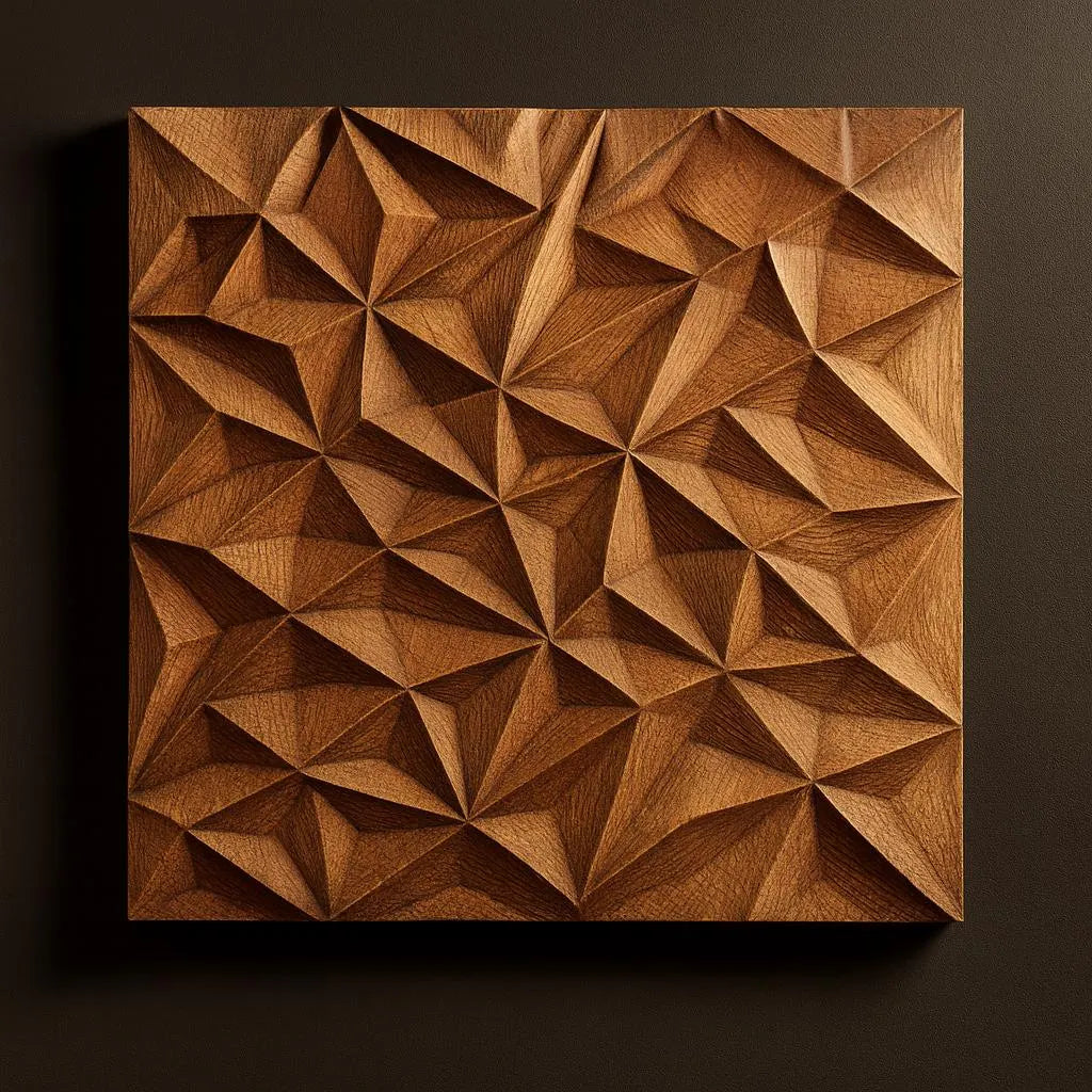 Form Arcade’s Geometric Pyramid Pattern Relief STL File features interlocking triangles and diamond shapes, ideal for CNC wall art or woodworking. The warm brown design pops against a dark background, perfect for creative projects.