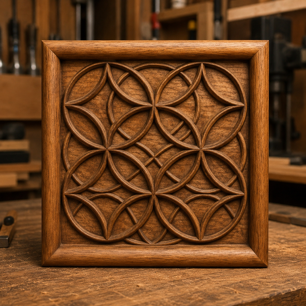The "Sacred Geometry Flower Relief STL File" by Form Arcade features a geometric, overlapping circular pattern inspired by sacred geometry, ideal for CNC wall art. Displayed in a woodworking shop with tools and shelves in the background.