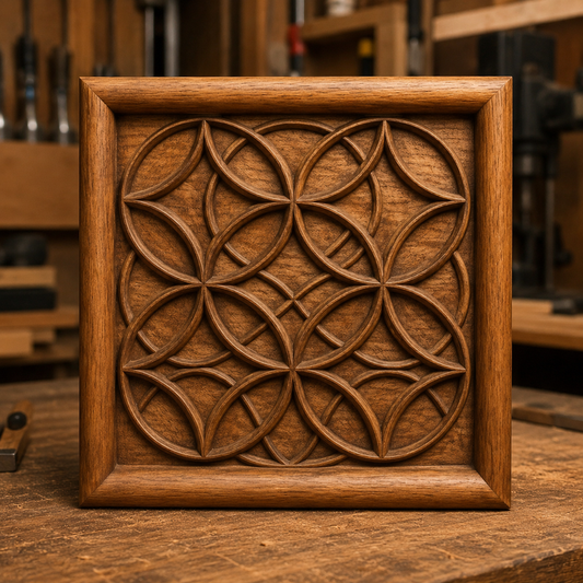 The "Sacred Geometry Flower Relief STL File" by Form Arcade features a geometric, overlapping circular pattern inspired by sacred geometry, ideal for CNC wall art. Displayed in a woodworking shop with tools and shelves in the background.