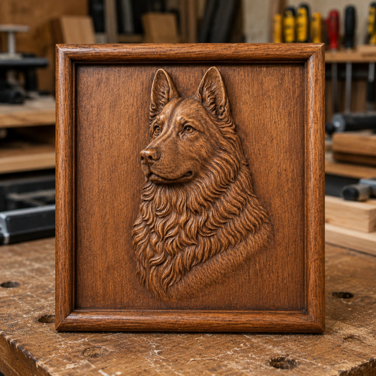 The German Shepherd Portrait Relief STL File by Form Arcade features a CNC-carved dog head and upper chest in a square frame—ideal wall art for dog lovers and woodworking enthusiasts.
