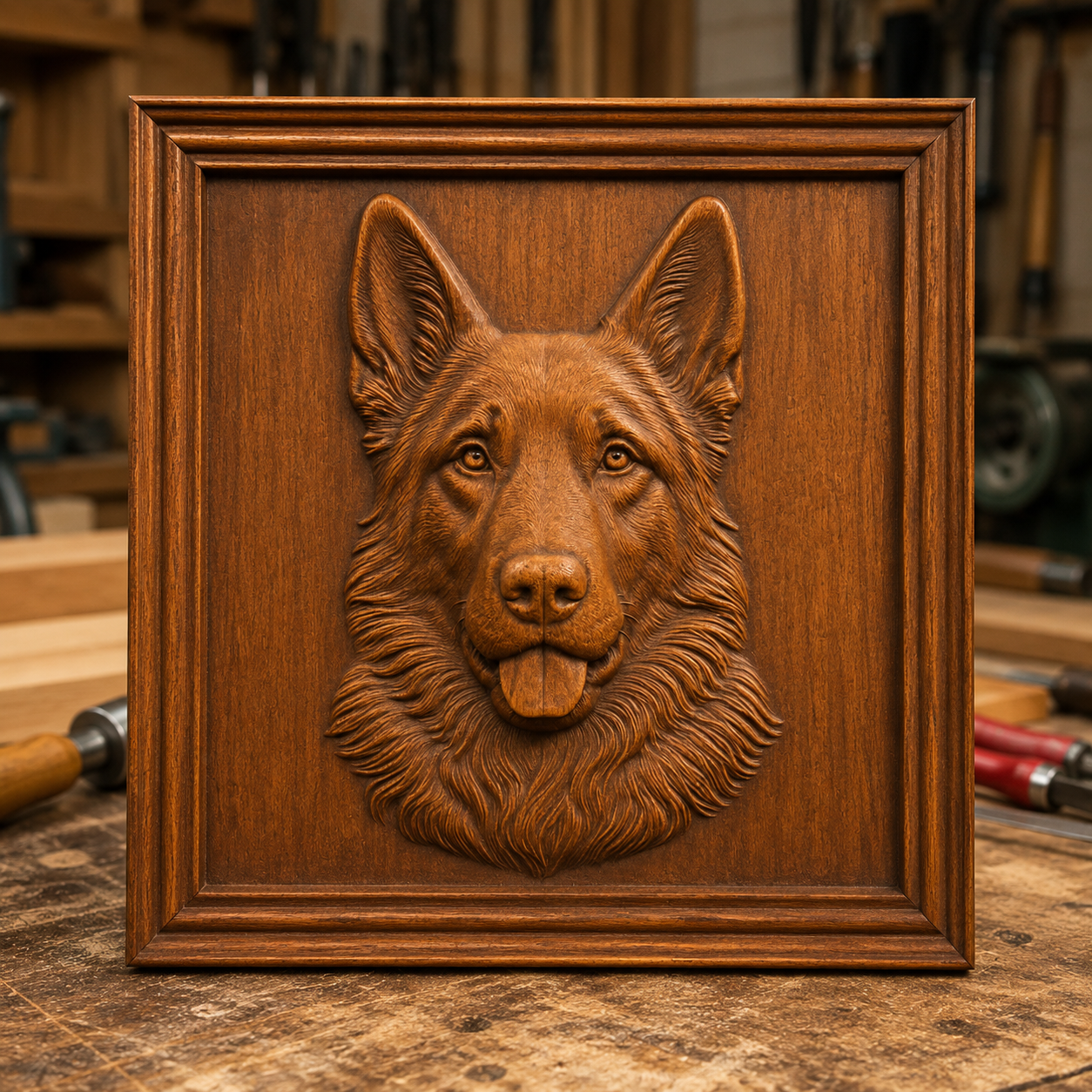 Showcase your woodworking projects with the German Shepherd Portrait CNC Relief STL File by Form Arcade—a stunning dog CNC wall art design. This digital file features a detailed German Shepherd dog's head carved in relief, set against a square, framed background and perfect for display in any woodworking shop. Highlighting the artistry of CNC relief carving, this piece makes an excellent addition to your next creation.