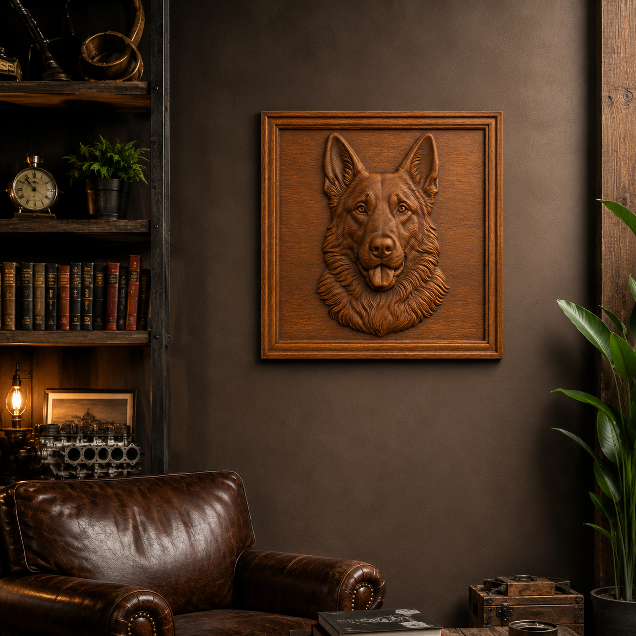 A cozy study with a leather chair, bookshelves, a plant, and the "German Shepherd Portrait CNC Relief" wall art by Form Arcade—crafted using CNC carving techniques—displayed in a wooden frame on a brown wall.