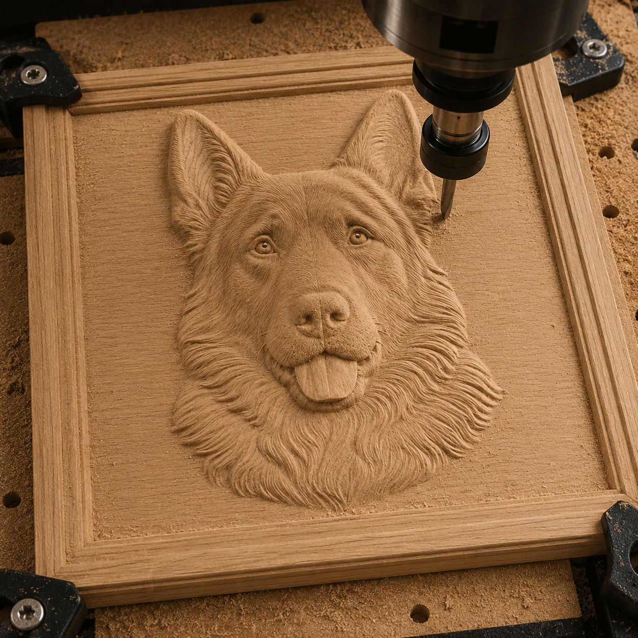 A CNC machine intricately carves a German Shepherd’s portrait on a square wooden board, secured with clamps, using the "German Shepherd Portrait CNC Relief STL File | Dog CNC Wall Art" from Form Arcade—an ideal choice for woodworking projects featuring detailed breed reliefs.