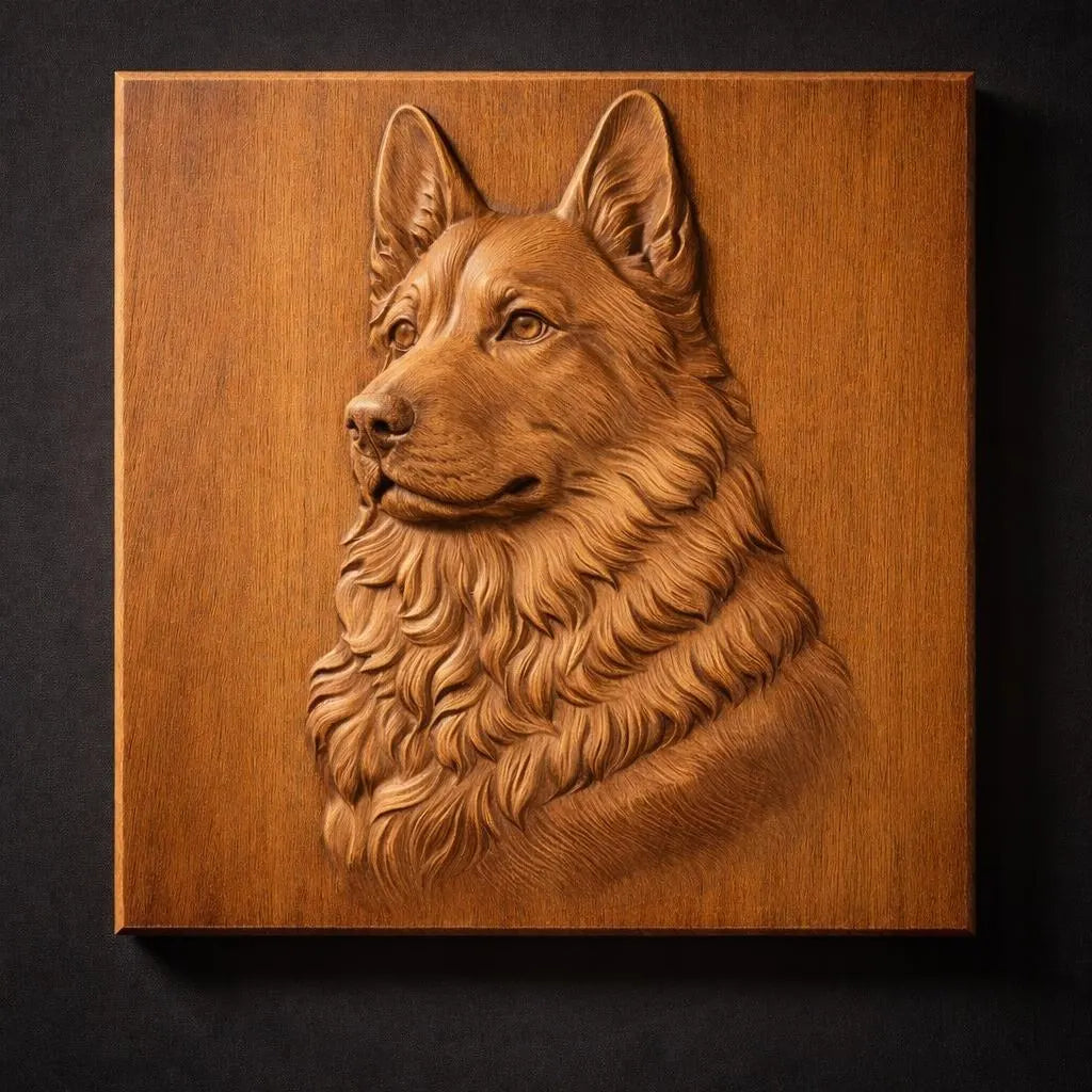 The German Shepherd Portrait Relief STL File by Form Arcade features a detailed profile carving, perfect for CNC and 3D print wall art projects. Ideal for adding lifelike dog decor to your space.