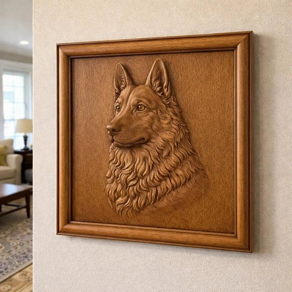The German Shepherd Portrait Relief STL File by Form Arcade, inspired by popular dog wall art, hangs on a beige living room wall as CNC-crafted wooden decor.