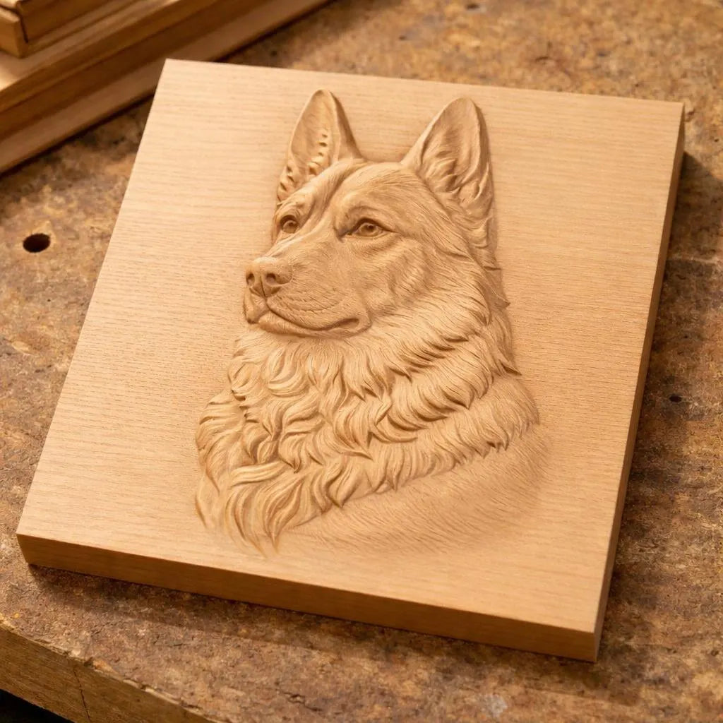 The German Shepherd Portrait Relief STL File by Form Arcade features a detailed wood-style carving of the dog’s head and chest, ideal for CNC wall art or 3D printing projects. Perfect for creating striking dog-themed decor.