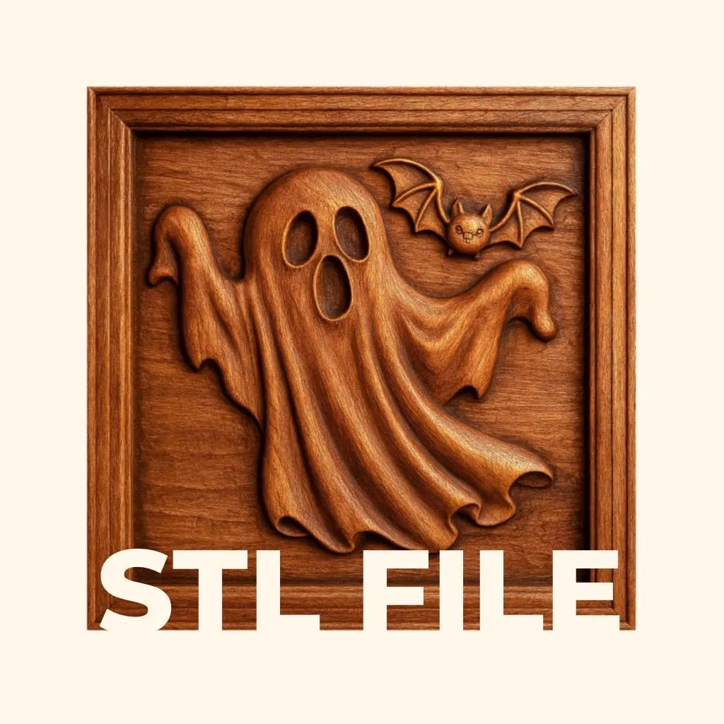 The Form Arcade Ghost Bat Halloween Relief STL File features a ghost with raised arms and a bat above, perfect for CNC wall art or woodworking. "STL FILE" appears at the bottom of the image.