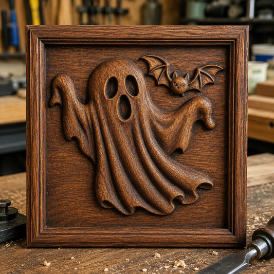 The Ghost Bat Halloween Relief STL File by Form Arcade features a ghost with a bat, perfect for CNC wall art or woodworking projects. Tools rest on the workbench in the background.