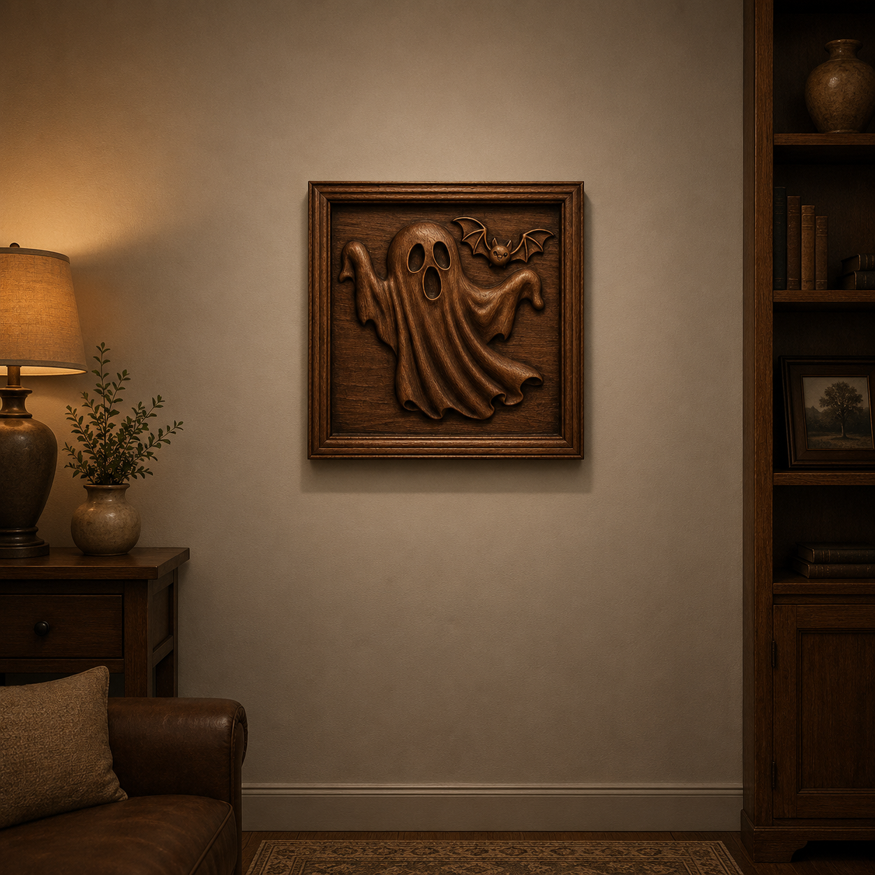 A cozy living room with a leather chair and lamp features Form Arcade’s Ghost Bat Halloween Relief STL File—Halloween CNC wall art—adding a subtle, woodworking-inspired Halloween touch to the softly lit, warm space.