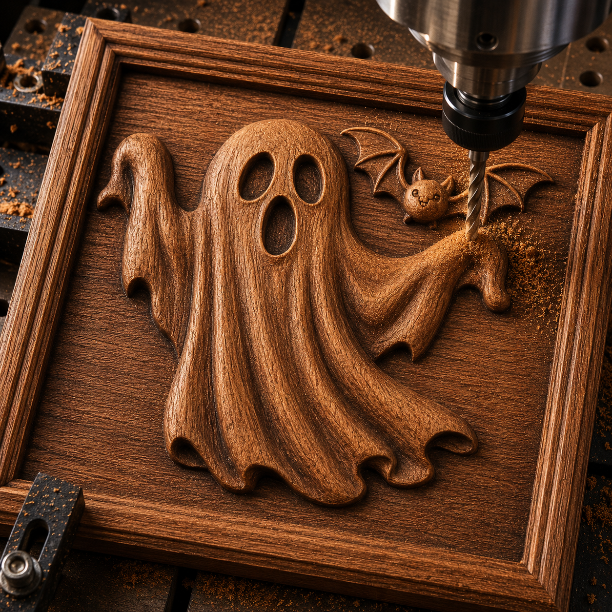 The Ghost Bat Halloween Relief STL File by Form Arcade is a CNC wall art design featuring a ghost and bat, perfect for woodworking projects and spooky Halloween decor.