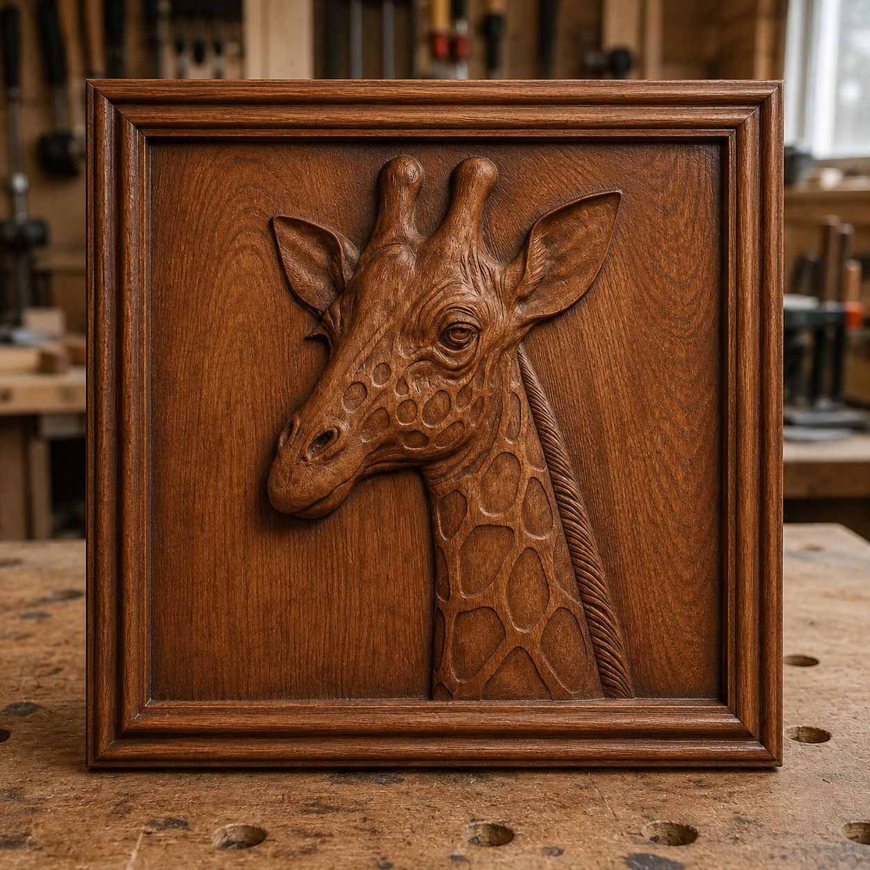 A framed “Giraffe Portrait CNC Relief” from Form Arcade is displayed upright on a workbench in a workshop, showcasing this impressive wildlife CNC wall art STL file as an example of precision woodworking.