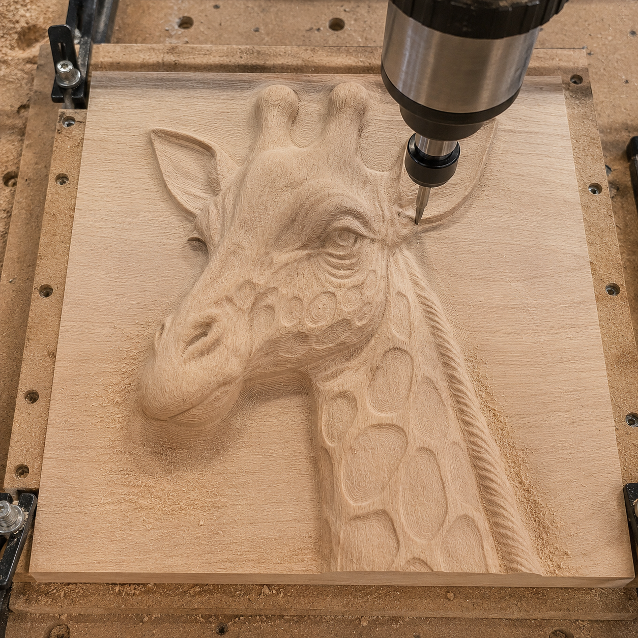A CNC machine carves a detailed giraffe head relief—created with the “Giraffe Portrait CNC Relief STL File | Wildlife CNC Wall Art” by Form Arcade—into a square wooden panel, with the tool positioned near the giraffe’s eye, offering an inspiring example of CNC relief carving for woodworking projects.
