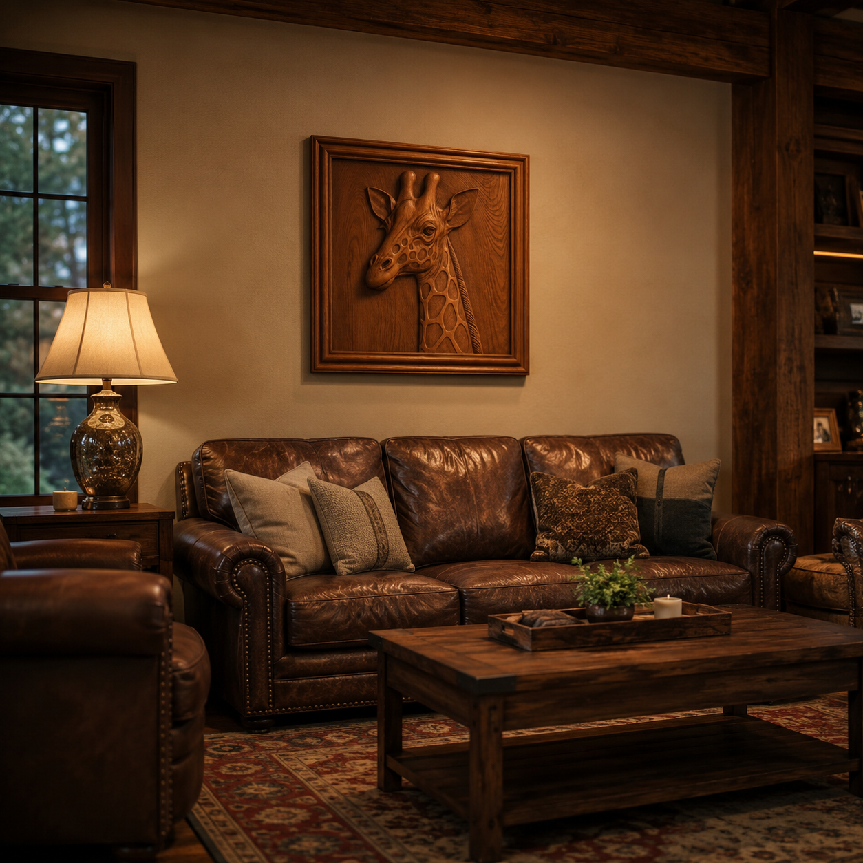 A cozy living room featuring a leather sofa, armchair, wooden coffee table, lamp, and the “Giraffe Portrait CNC Relief STL File | Wildlife CNC Wall Art” by Form Arcade—an intricately carved wooden giraffe artwork created with advanced CNC relief carving techniques—set against warm lighting and earthy tones.