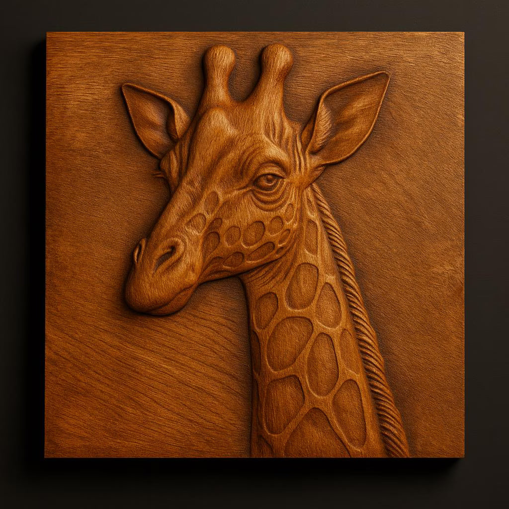 Discover the “Giraffe Portrait CNC Relief STL File | Wildlife CNC Wall Art” by Form Arcade—a detailed carving of a giraffe’s head and neck on a square panel, ideal for woodworking projects or as inspiration for your next CNC relief carving.